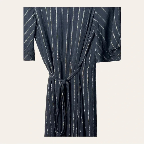 0408. MODCLOTH WRAP DRESS MAXI LENGTH BLACK WITH GOLD/SILVER IN COLOR STRIPES - Picture 11 of 15